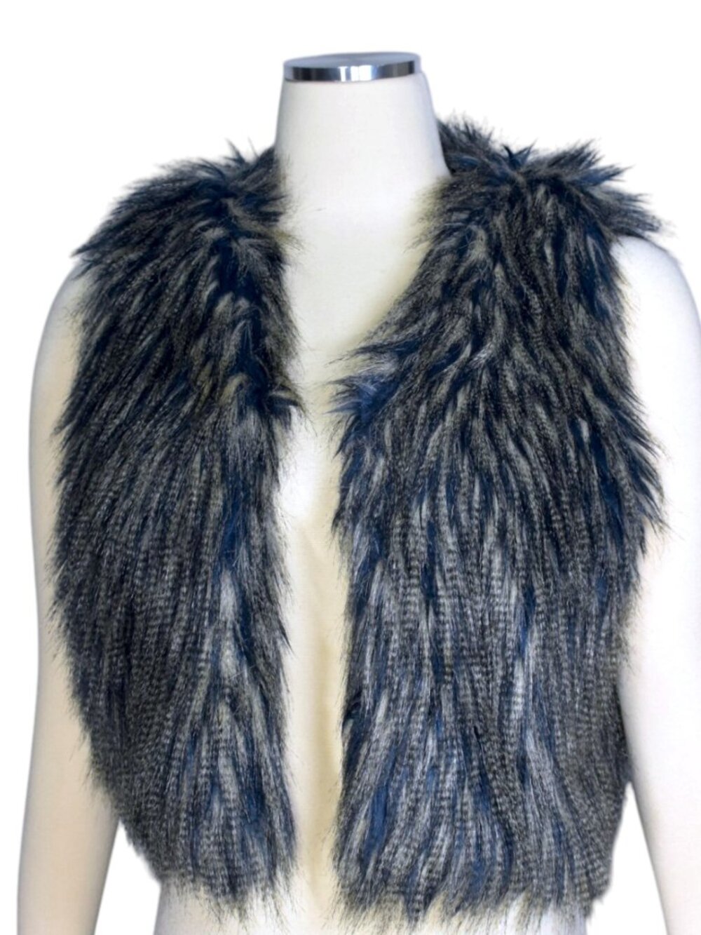 Romeo & Juliet Couture Faux Fur Vest Blue Gray Shaggy Sleeveless Y2K M